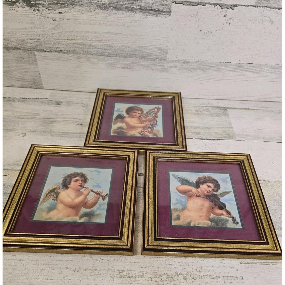 Vintage Home Interiors & Gifts Cherub Angel Musical Set of 3 Gold Framed Art